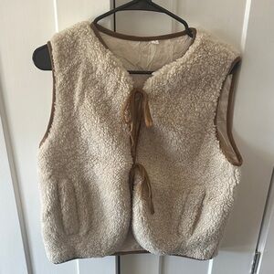 Cream Sherpa Vest with Brown Trim